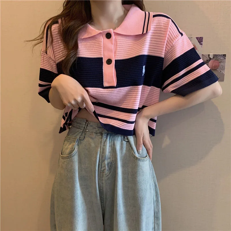 Fashion Thin Short Sleeve T-Shirt Women Summer Loose Turn-Down Collar Knitted Tees Woman Korean Style Pink Colour Striped Blouse