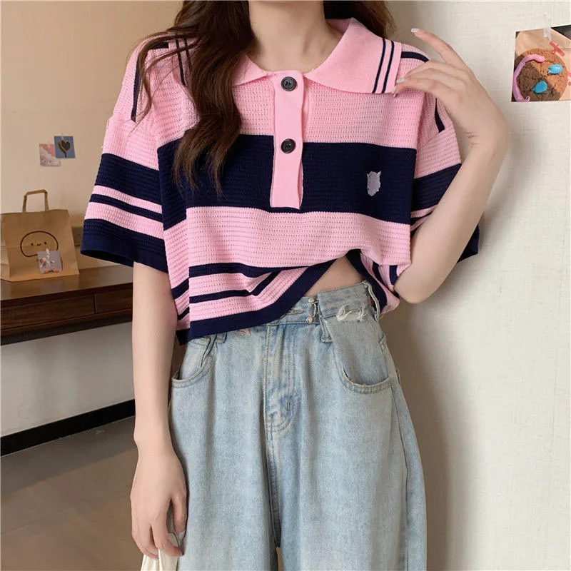Fashion Thin Short Sleeve T-Shirt Women Summer Loose Turn-Down Collar Knitted Tees Woman Korean Style Pink Colour Striped Blouse