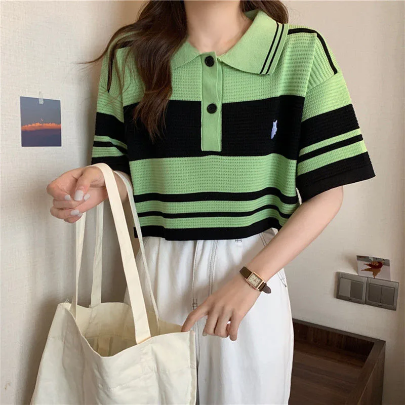 Fashion Thin Short Sleeve T-Shirt Women Summer Loose Turn-Down Collar Knitted Tees Woman Korean Style Pink Colour Striped Blouse