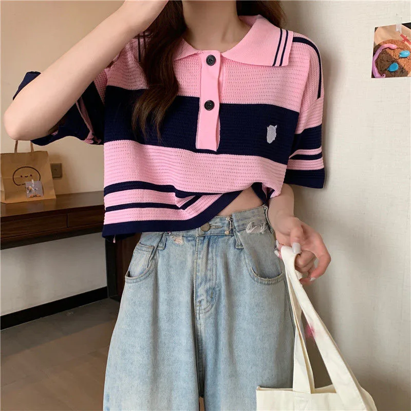 Fashion Thin Short Sleeve T-Shirt Women Summer Loose Turn-Down Collar Knitted Tees Woman Korean Style Pink Colour Striped Blouse
