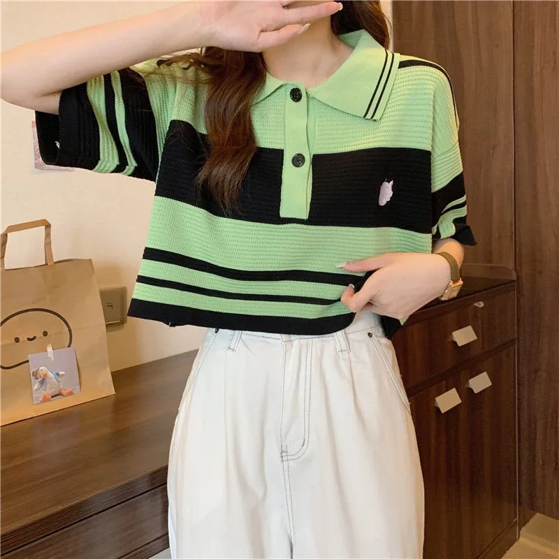 Fashion Thin Short Sleeve T-Shirt Women Summer Loose Turn-Down Collar Knitted Tees Woman Korean Style Pink Colour Striped Blouse