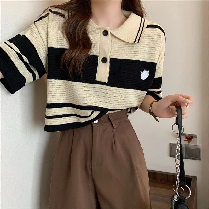 Fashion Thin Short Sleeve T-Shirt Women Summer Loose Turn-Down Collar Knitted Tees Woman Korean Style Pink Colour Striped Blouse