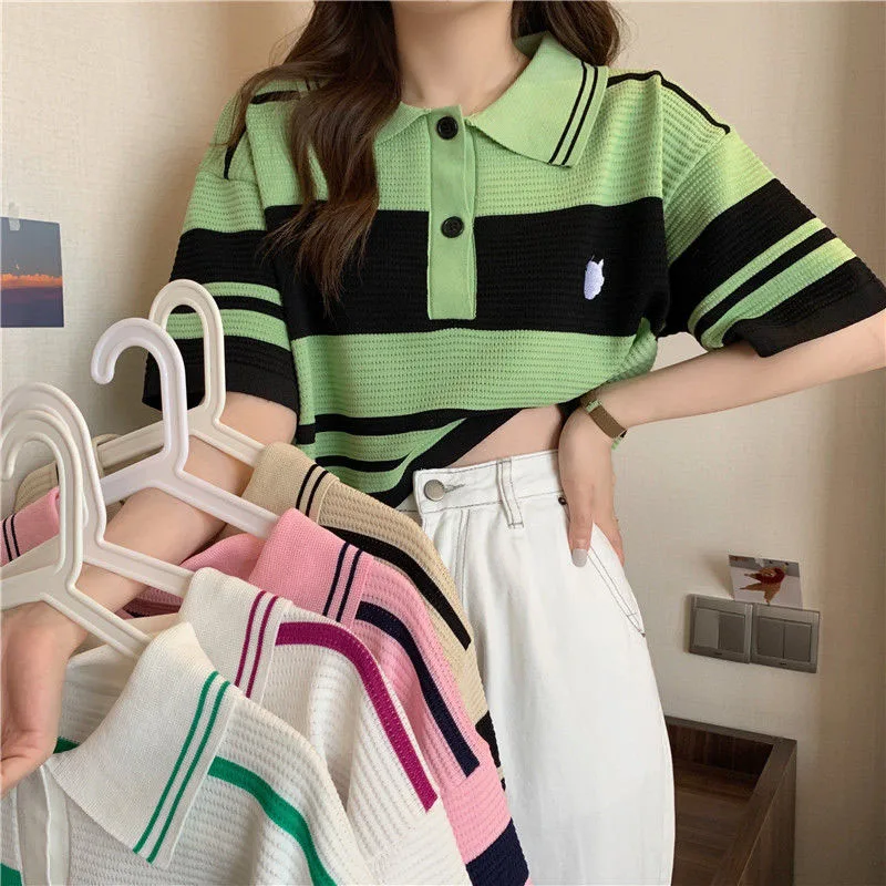 Fashion Thin Short Sleeve T-Shirt Women Summer Loose Turn-Down Collar Knitted Tees Woman Korean Style Pink Colour Striped Blouse