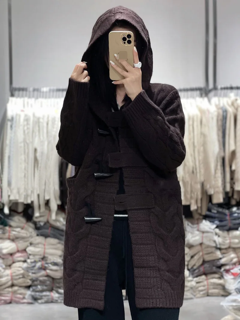 Woman 100% Pure Wool Cashmere Sweater Hooded Collar Long-style Cardigan Knit Tops Autumn Winter Warmth Thick Horn Button Outwear