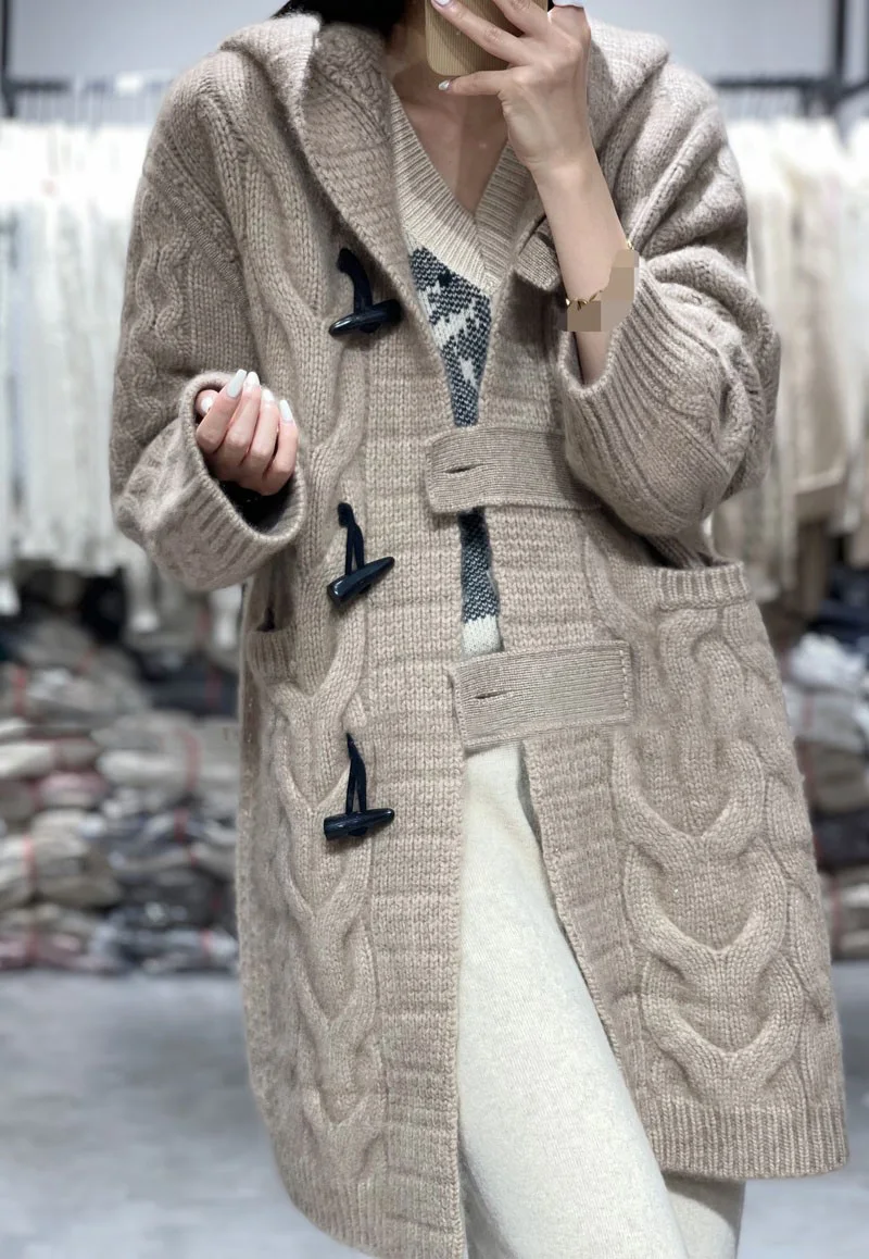 Woman 100% Pure Wool Cashmere Sweater Hooded Collar Long-style Cardigan Knit Tops Autumn Winter Warmth Thick Horn Button Outwear