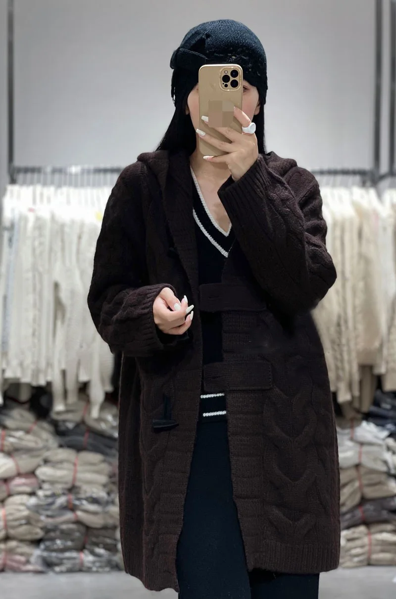 Woman 100% Pure Wool Cashmere Sweater Hooded Collar Long-style Cardigan Knit Tops Autumn Winter Warmth Thick Horn Button Outwear