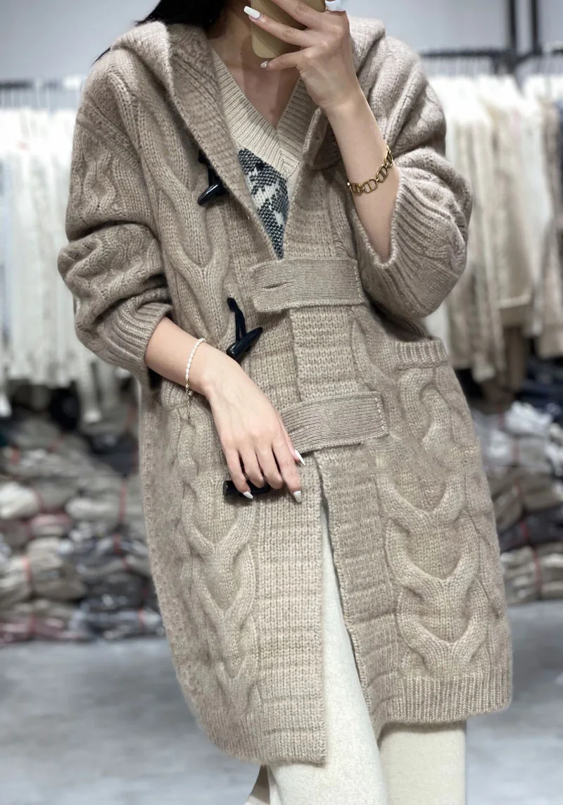 Woman 100% Pure Wool Cashmere Sweater Hooded Collar Long-style Cardigan Knit Tops Autumn Winter Warmth Thick Horn Button Outwear
