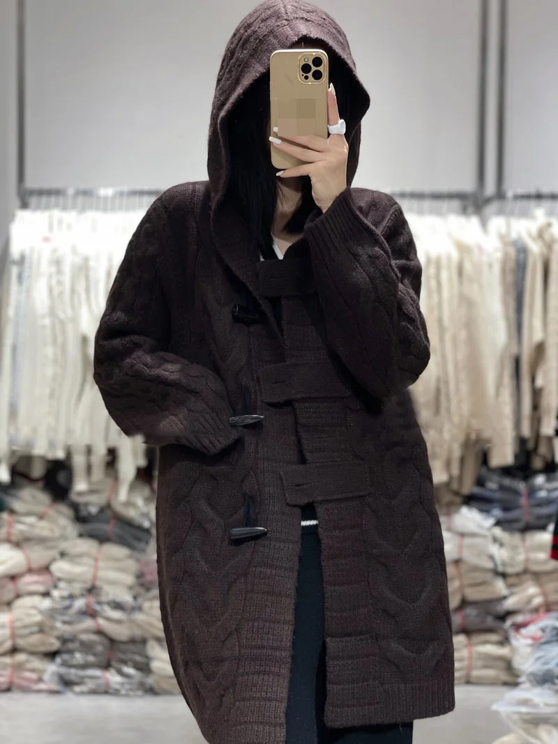 Woman 100% Pure Wool Cashmere Sweater Hooded Collar Long-style Cardigan Knit Tops Autumn Winter Warmth Thick Horn Button Outwear