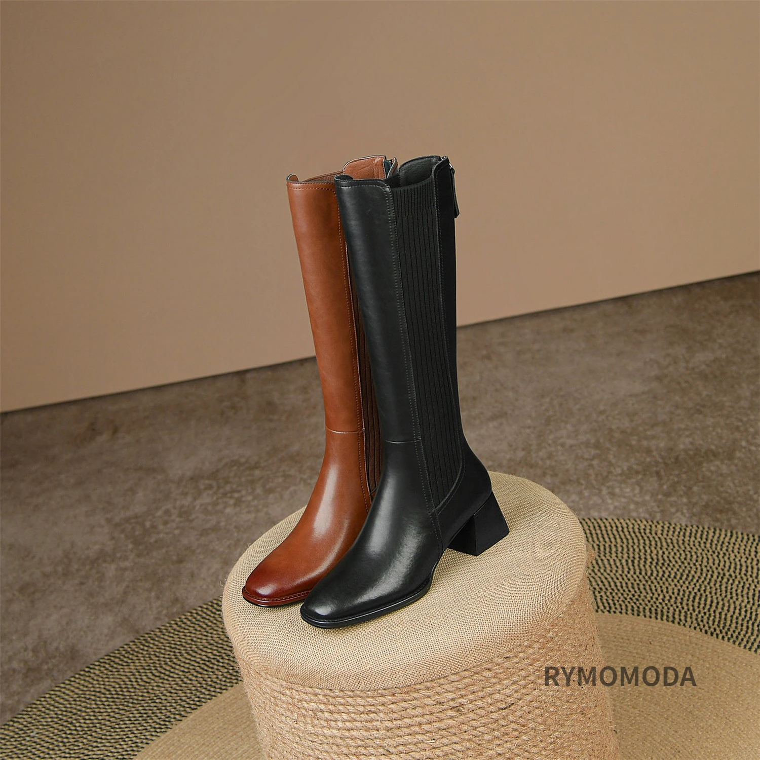Women Knee High Boots 2026 Handmade Luxury Cow Genuine Leather ZIP Brown Black Block Heels Warm Long Boot Winter Shoes Size 42