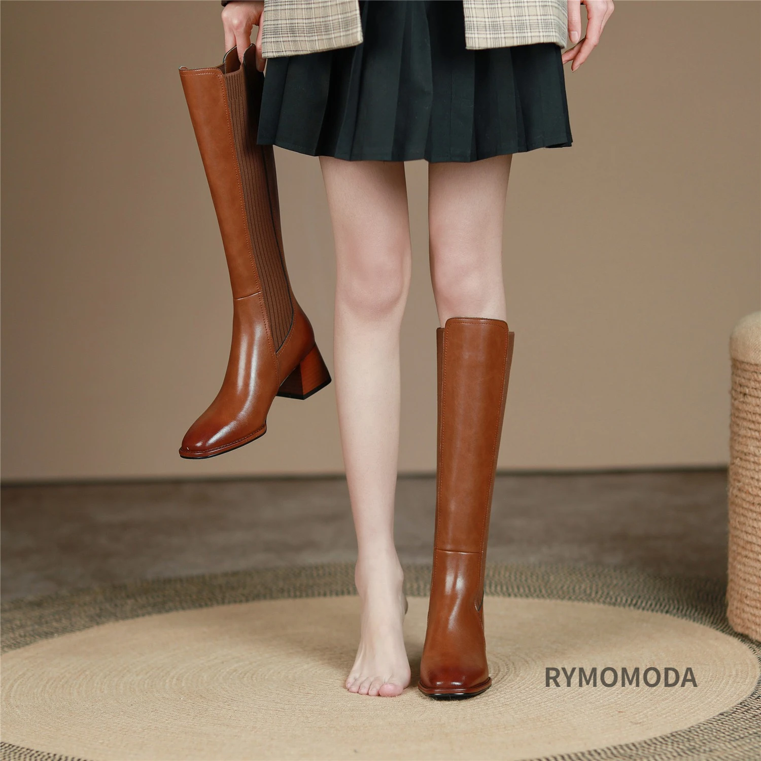 Women Knee High Boots 2026 Handmade Luxury Cow Genuine Leather ZIP Brown Black Block Heels Warm Long Boot Winter Shoes Size 42
