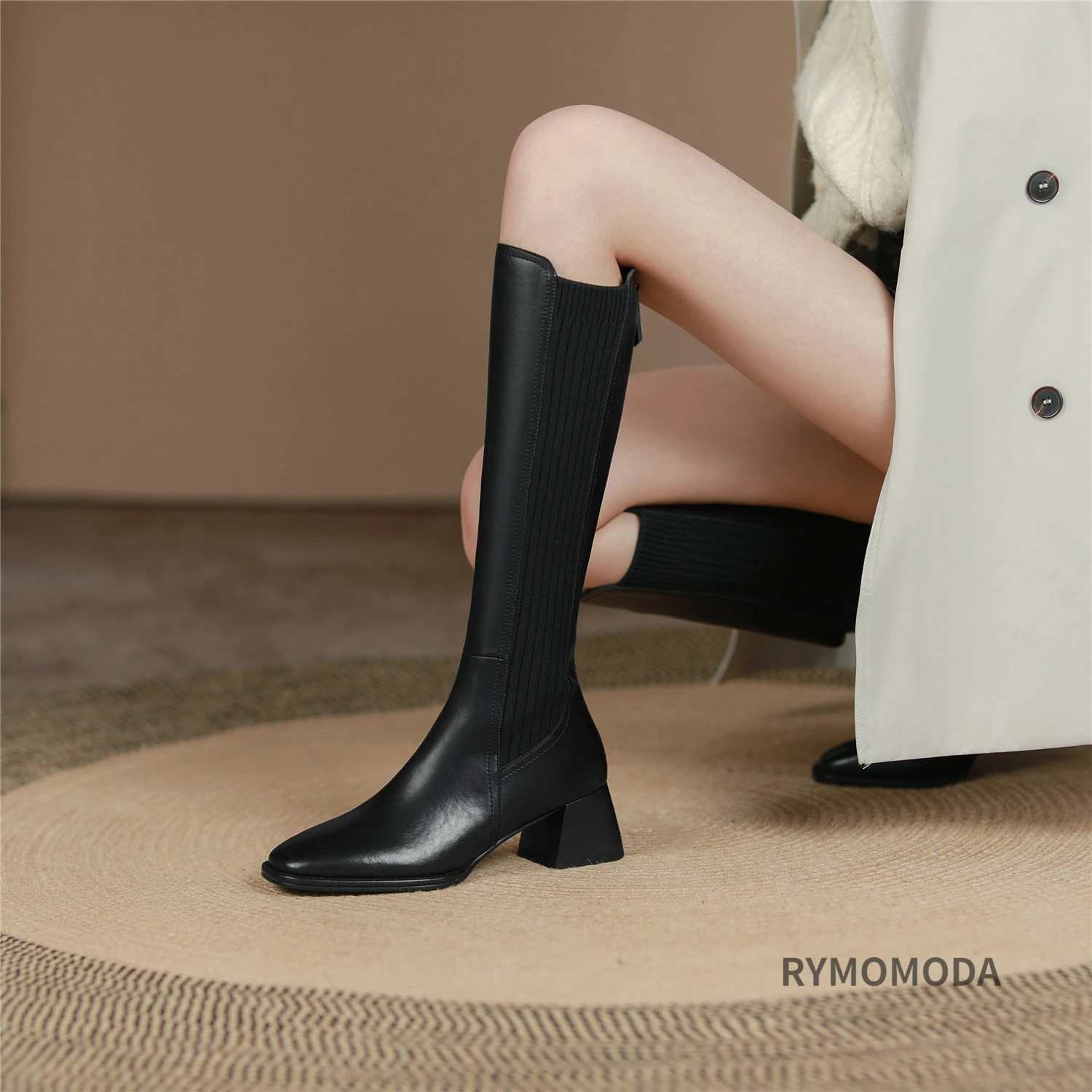 Women Knee High Boots 2026 Handmade Luxury Cow Genuine Leather ZIP Brown Black Block Heels Warm Long Boot Winter Shoes Size 42
