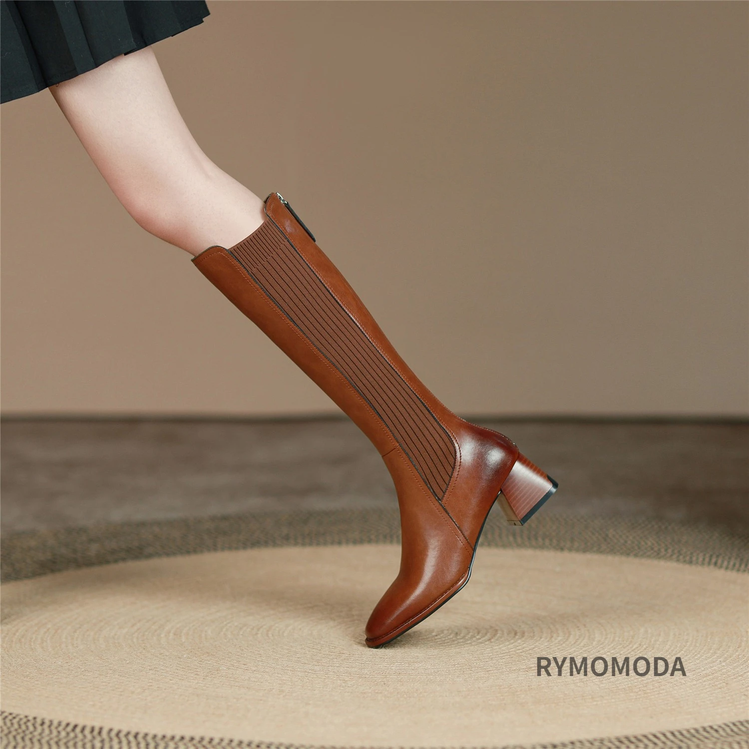 Women Knee High Boots 2026 Handmade Luxury Cow Genuine Leather ZIP Brown Black Block Heels Warm Long Boot Winter Shoes Size 42