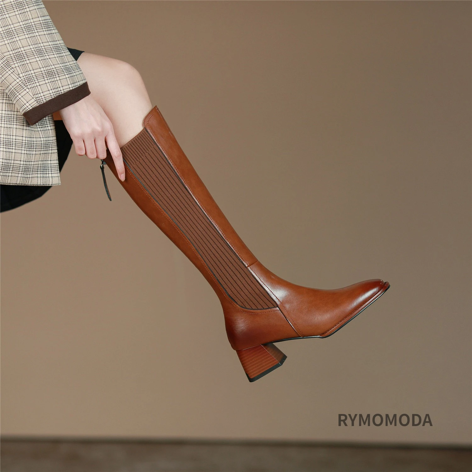Women Knee High Boots 2026 Handmade Luxury Cow Genuine Leather ZIP Brown Black Block Heels Warm Long Boot Winter Shoes Size 42
