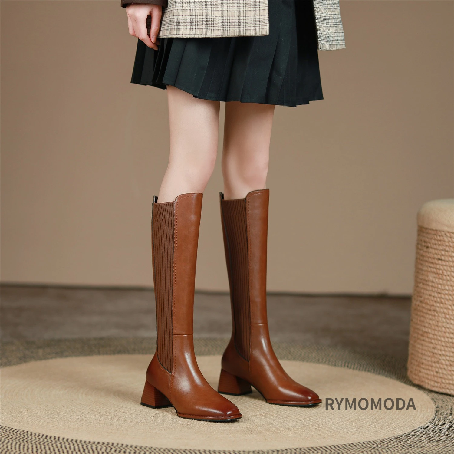 Women Knee High Boots 2026 Handmade Luxury Cow Genuine Leather ZIP Brown Black Block Heels Warm Long Boot Winter Shoes Size 42