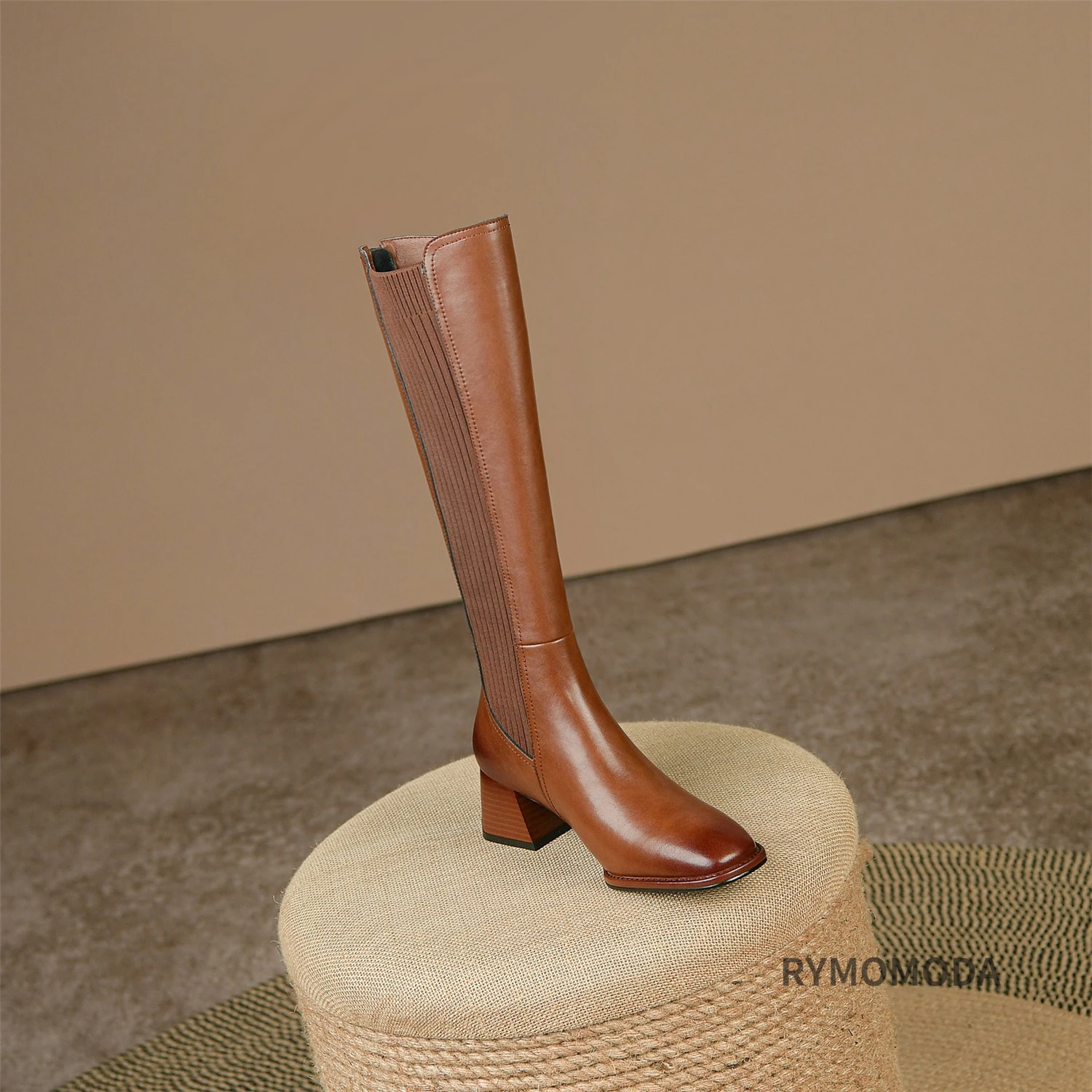 Women Knee High Boots 2026 Handmade Luxury Cow Genuine Leather ZIP Brown Black Block Heels Warm Long Boot Winter Shoes Size 42