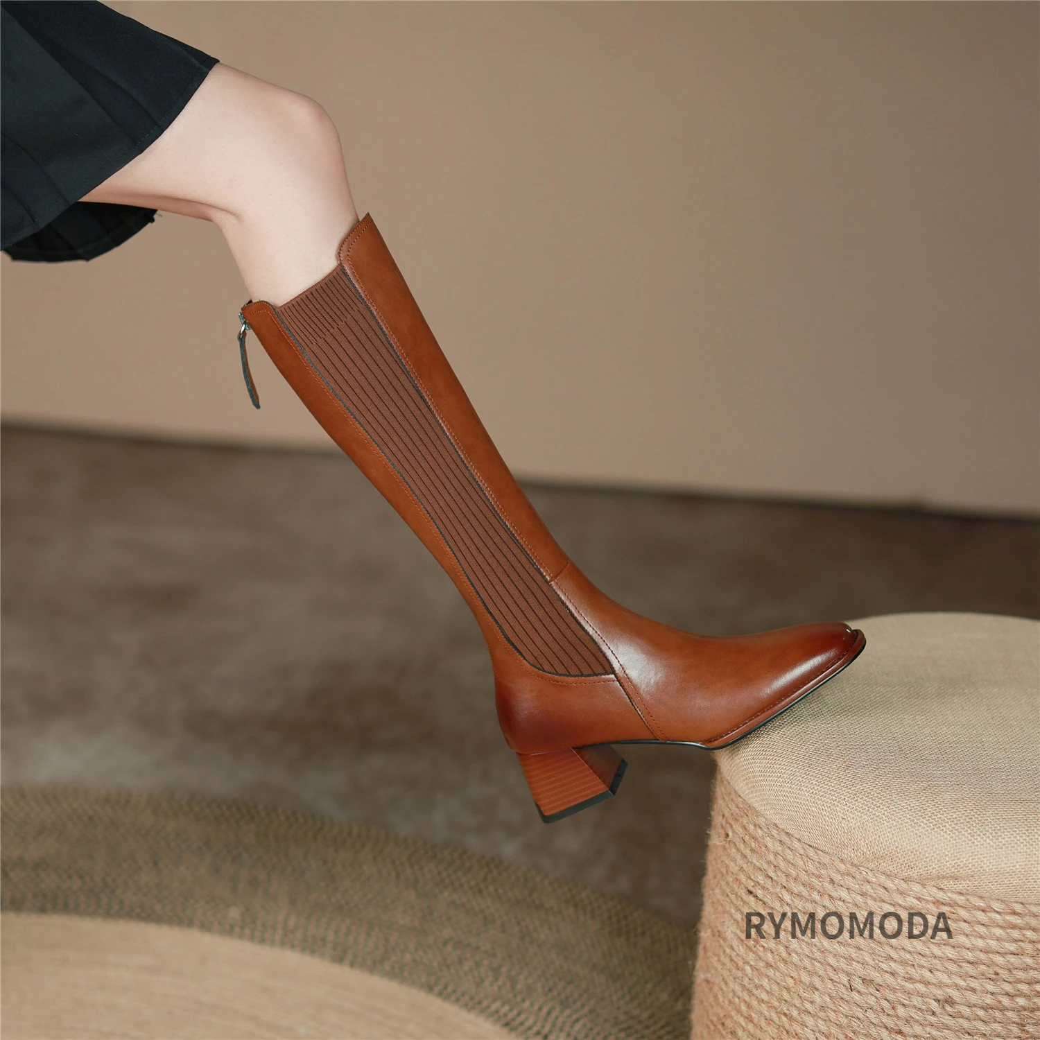 Women Knee High Boots 2026 Handmade Luxury Cow Genuine Leather ZIP Brown Black Block Heels Warm Long Boot Winter Shoes Size 42