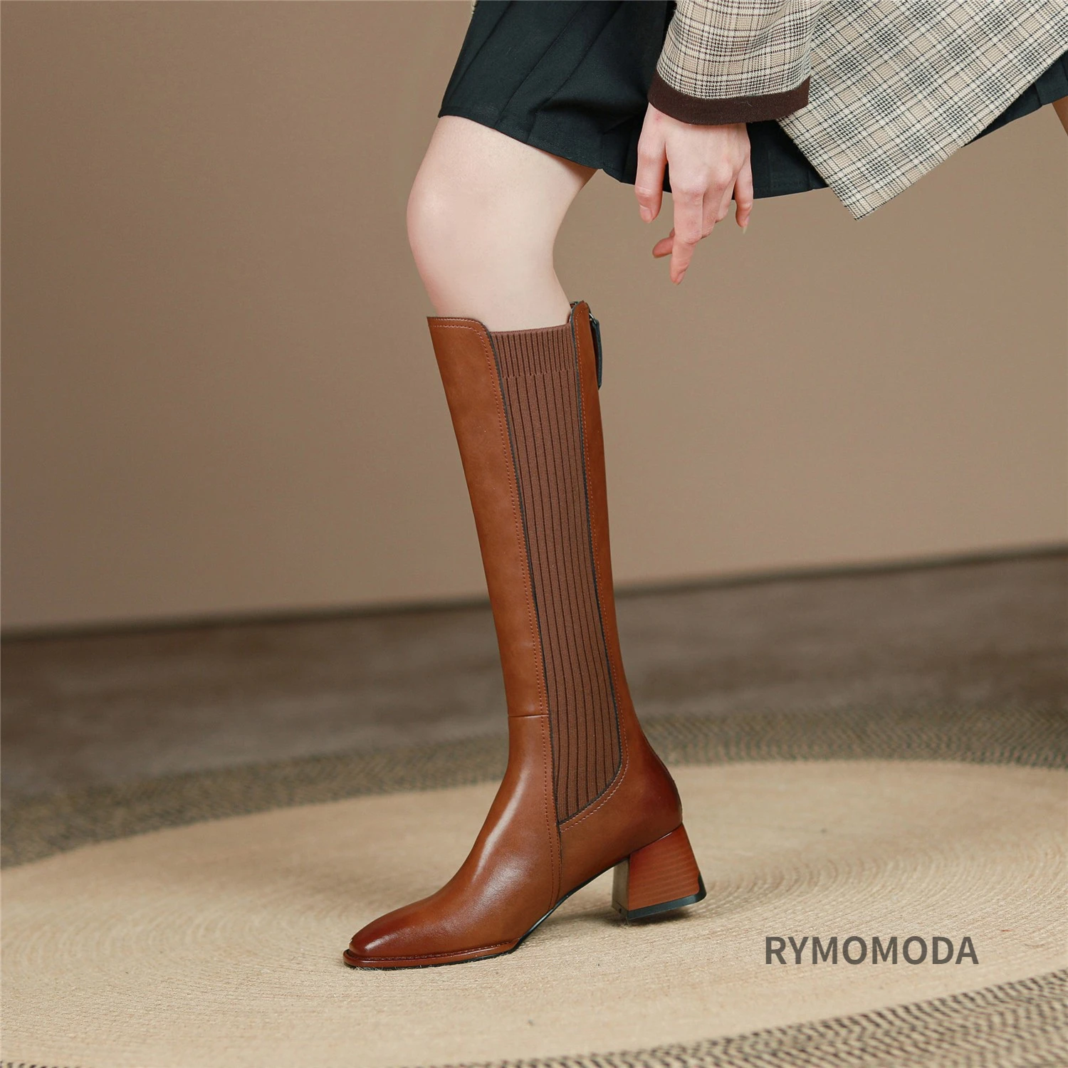 Women Knee High Boots 2026 Handmade Luxury Cow Genuine Leather ZIP Brown Black Block Heels Warm Long Boot Winter Shoes Size 42