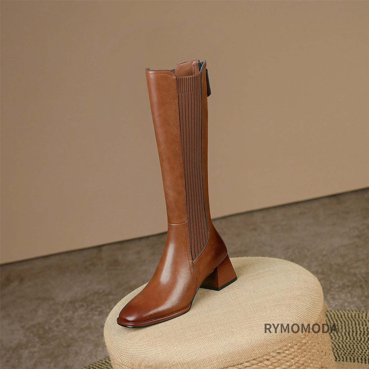 Women Knee High Boots 2026 Handmade Luxury Cow Genuine Leather ZIP Brown Black Block Heels Warm Long Boot Winter Shoes Size 42