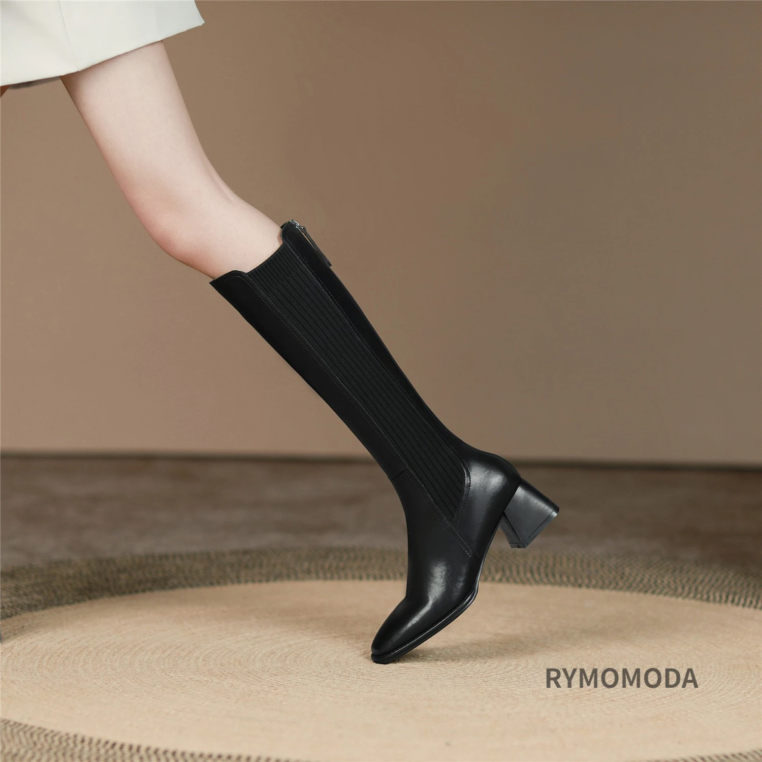 Women Knee High Boots 2026 Handmade Luxury Cow Genuine Leather ZIP Brown Black Block Heels Warm Long Boot Winter Shoes Size 42