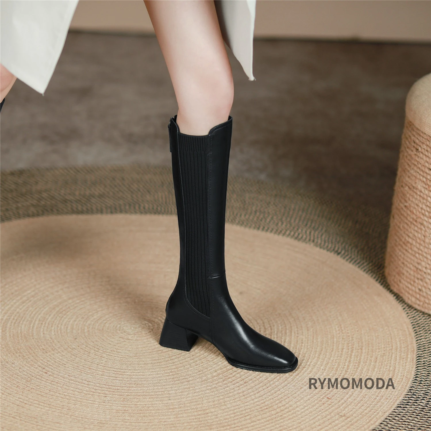 Women Knee High Boots 2026 Handmade Luxury Cow Genuine Leather ZIP Brown Black Block Heels Warm Long Boot Winter Shoes Size 42