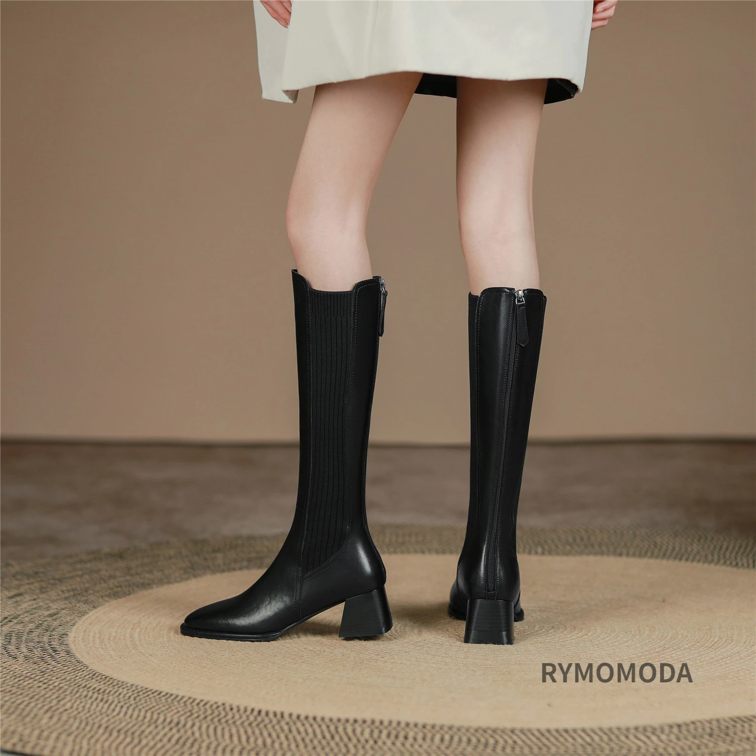 Women Knee High Boots 2026 Handmade Luxury Cow Genuine Leather ZIP Brown Black Block Heels Warm Long Boot Winter Shoes Size 42