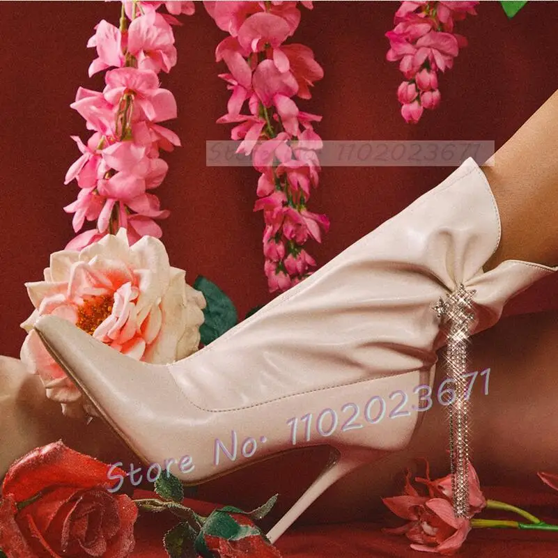 Pink Flock Crystal Ankle Boots Female Stars Rhinestone Fringes High Heels Elegant Shoes Pointy Party Casual Women Newest Boots