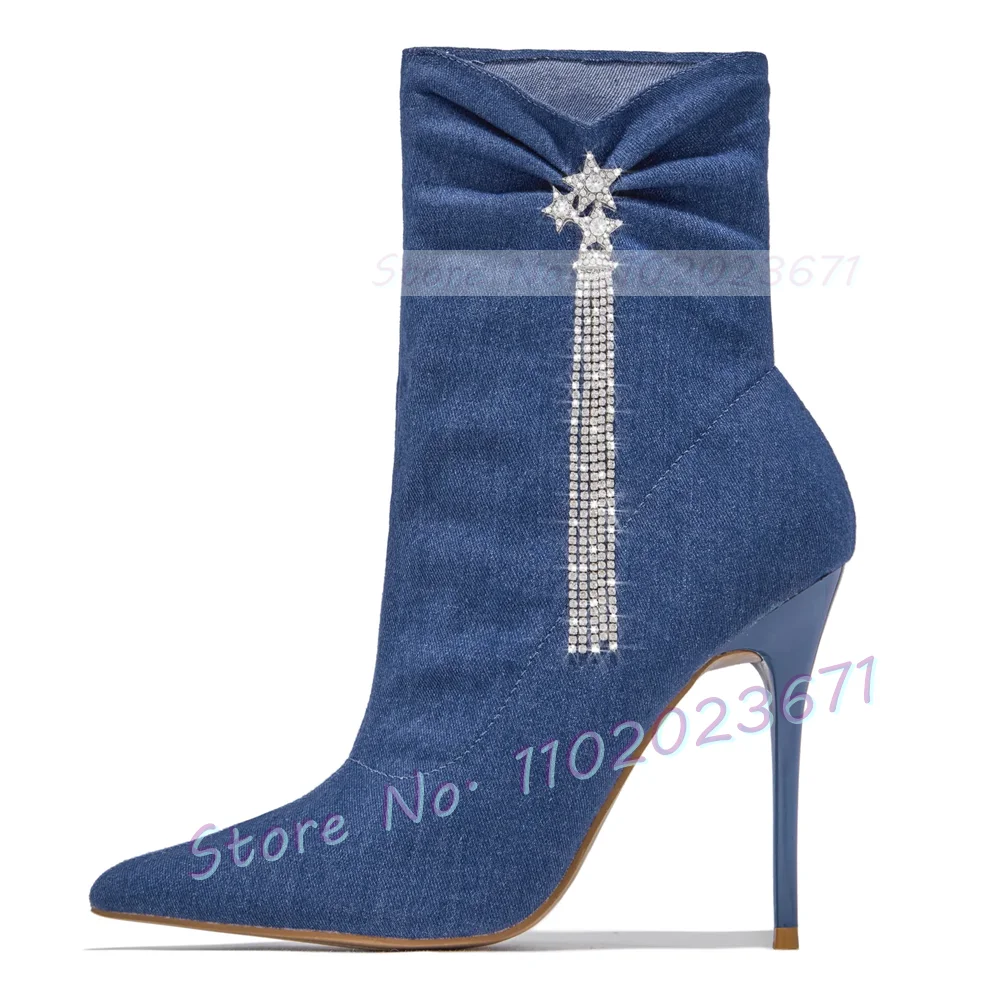 Pink Flock Crystal Ankle Boots Female Stars Rhinestone Fringes High Heels Elegant Shoes Pointy Party Casual Women Newest Boots
