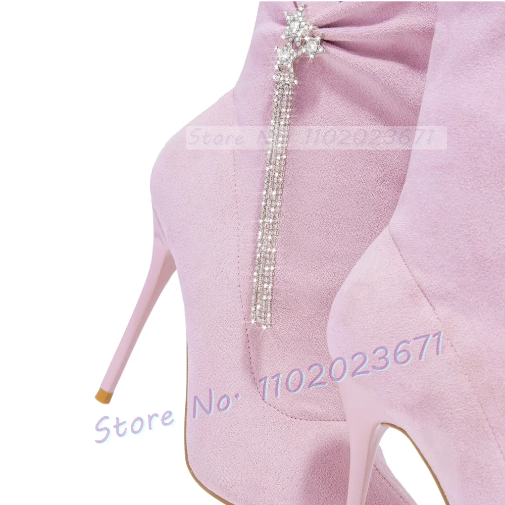 Pink Flock Crystal Ankle Boots Female Stars Rhinestone Fringes High Heels Elegant Shoes Pointy Party Casual Women Newest Boots