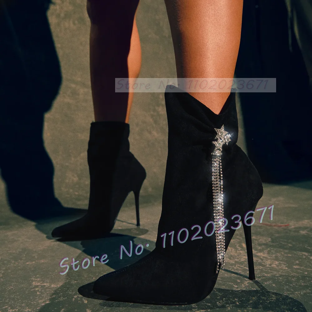 Pink Flock Crystal Ankle Boots Female Stars Rhinestone Fringes High Heels Elegant Shoes Pointy Party Casual Women Newest Boots