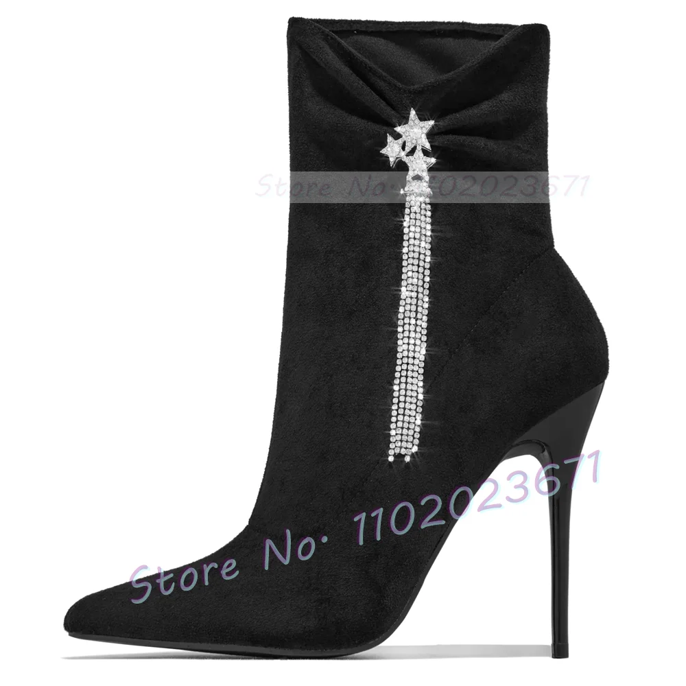 Pink Flock Crystal Ankle Boots Female Stars Rhinestone Fringes High Heels Elegant Shoes Pointy Party Casual Women Newest Boots