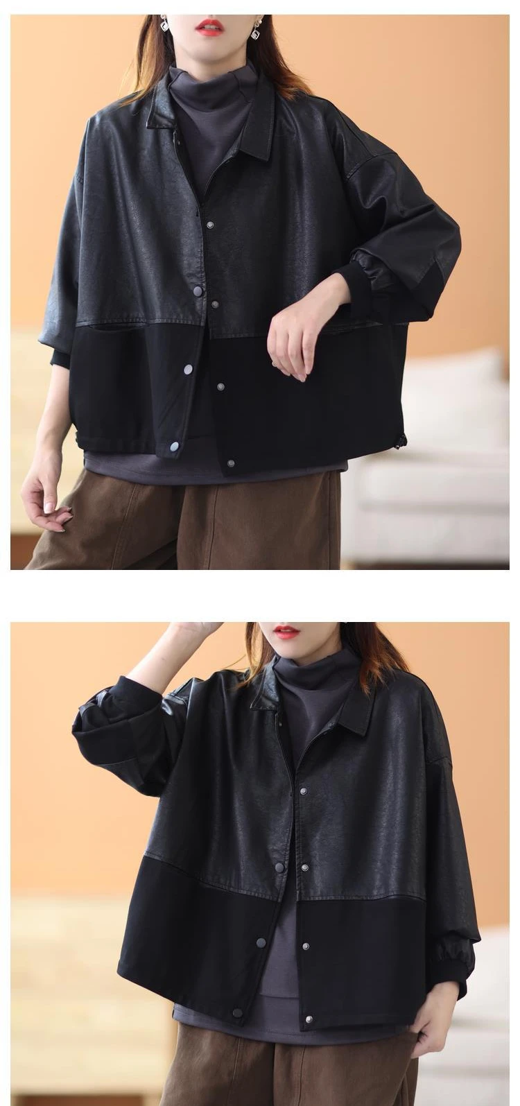 Amax luluE 2024 Autumn Fashion Leopard Biker Clothes Womens Vintage Loose Faux Leather Jackets Ladies Casual Punk Black Pu Coats