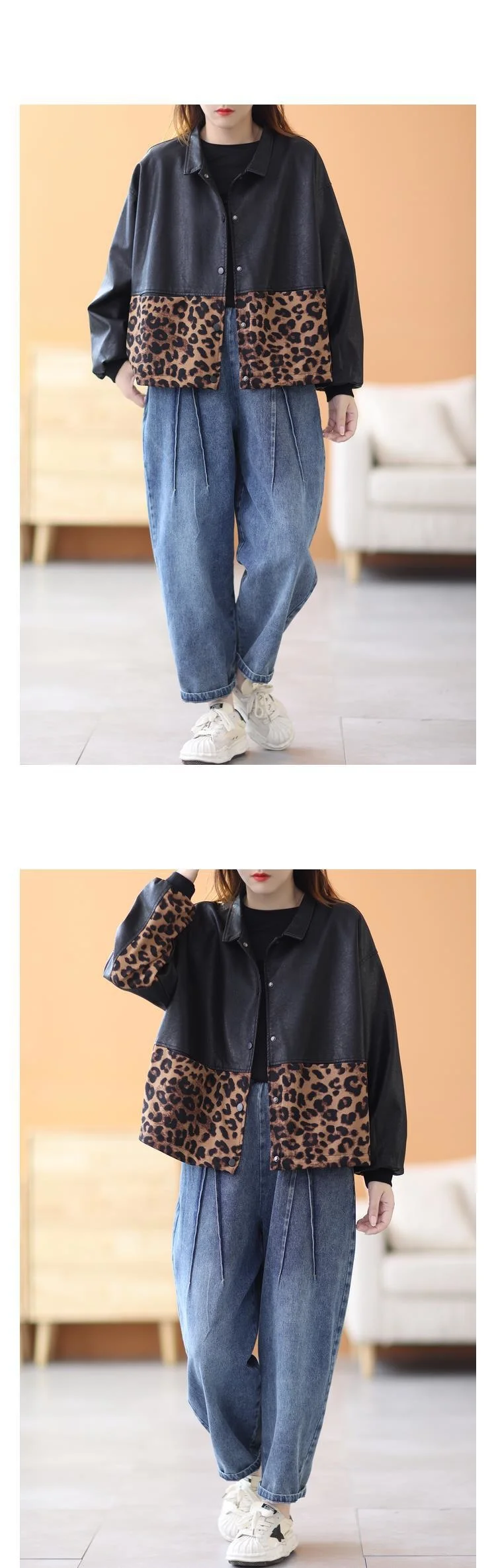 Amax luluE 2024 Autumn Fashion Leopard Biker Clothes Womens Vintage Loose Faux Leather Jackets Ladies Casual Punk Black Pu Coats