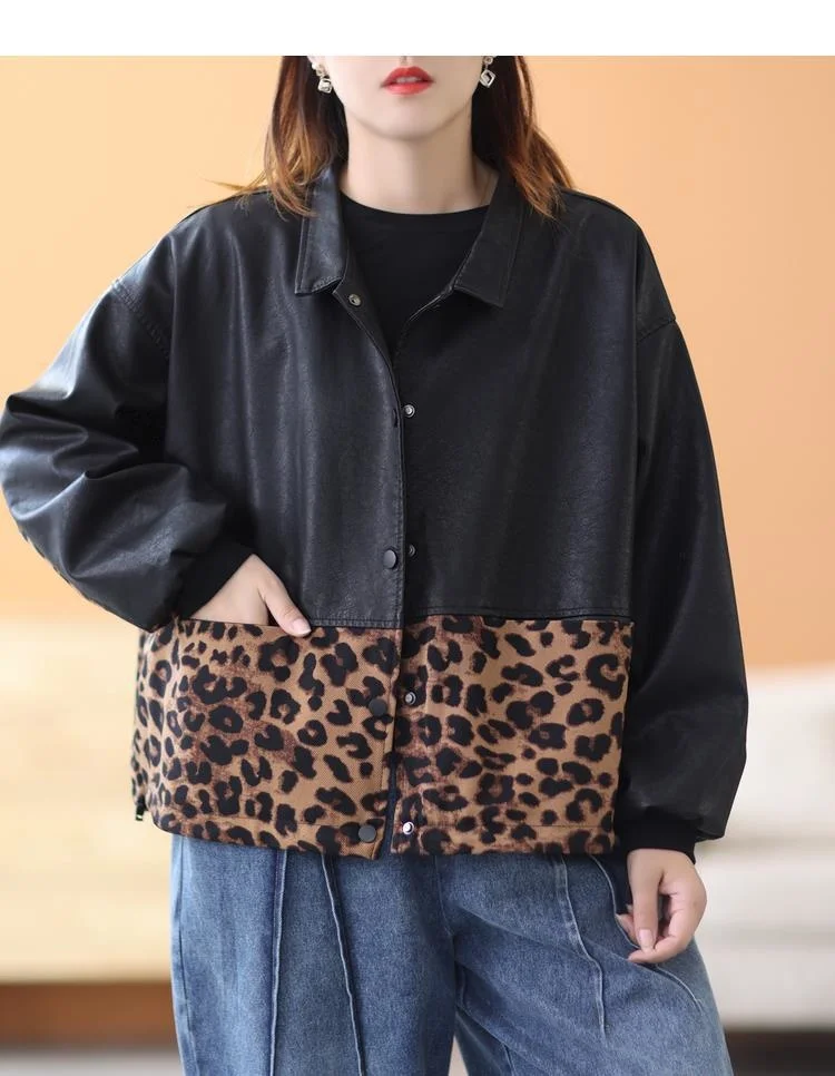 Amax luluE 2024 Autumn Fashion Leopard Biker Clothes Womens Vintage Loose Faux Leather Jackets Ladies Casual Punk Black Pu Coats