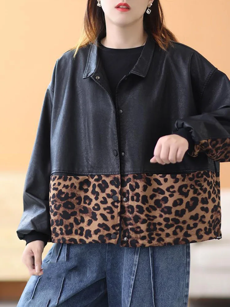 Amax luluE 2024 Autumn Fashion Leopard Biker Clothes Womens Vintage Loose Faux Leather Jackets Ladies Casual Punk Black Pu Coats