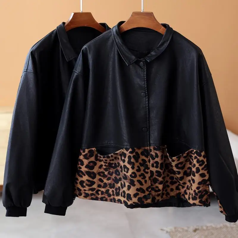 Amax luluE 2024 Autumn Fashion Leopard Biker Clothes Womens Vintage Loose Faux Leather Jackets Ladies Casual Punk Black Pu Coats