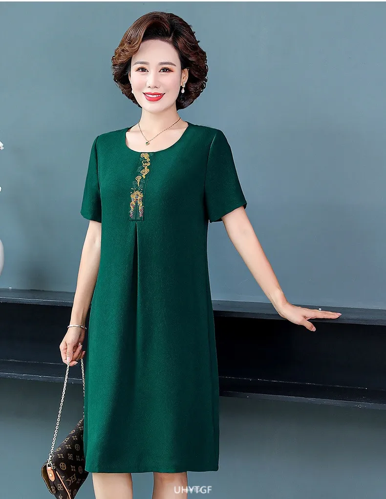 UHYTGF Short Sleeve 5XL Big Size Dresses Women Fashion Embroidered Summer Dress Elegant Mother Casual Thin Clothes Vestidos 1311
