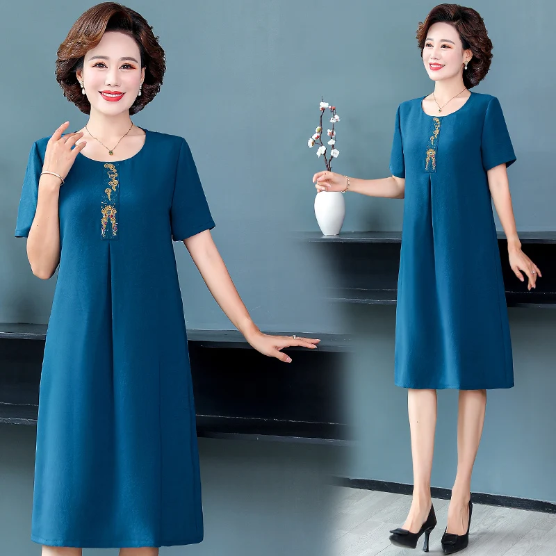 UHYTGF Short Sleeve 5XL Big Size Dresses Women Fashion Embroidered Summer Dress Elegant Mother Casual Thin Clothes Vestidos 1311