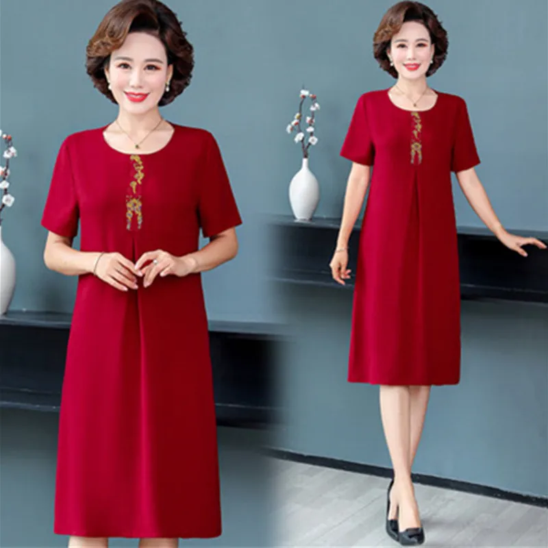 UHYTGF Short Sleeve 5XL Big Size Dresses Women Fashion Embroidered Summer Dress Elegant Mother Casual Thin Clothes Vestidos 1311