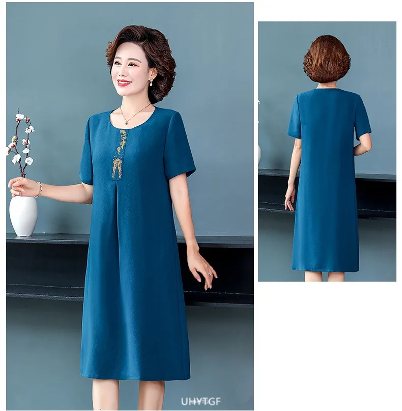 UHYTGF Short Sleeve 5XL Big Size Dresses Women Fashion Embroidered Summer Dress Elegant Mother Casual Thin Clothes Vestidos 1311