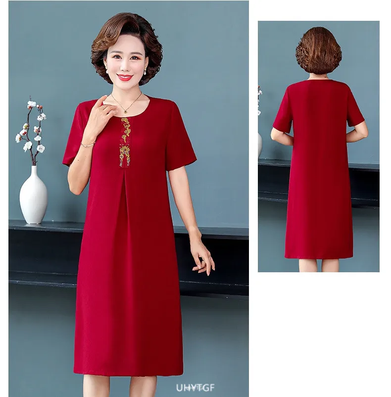 UHYTGF Short Sleeve 5XL Big Size Dresses Women Fashion Embroidered Summer Dress Elegant Mother Casual Thin Clothes Vestidos 1311