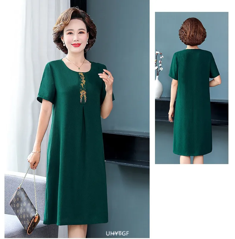 UHYTGF Short Sleeve 5XL Big Size Dresses Women Fashion Embroidered Summer Dress Elegant Mother Casual Thin Clothes Vestidos 1311