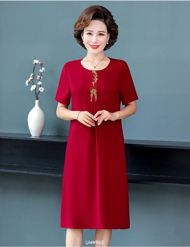 UHYTGF Short Sleeve 5XL Big Size Dresses Women Fashion Embroidered Summer Dress Elegant Mother Casual Thin Clothes Vestidos 1311