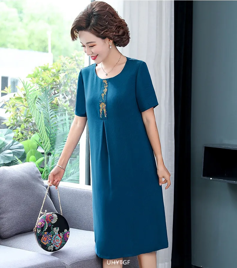 UHYTGF Short Sleeve 5XL Big Size Dresses Women Fashion Embroidered Summer Dress Elegant Mother Casual Thin Clothes Vestidos 1311