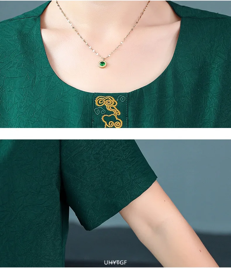 UHYTGF Short Sleeve 5XL Big Size Dresses Women Fashion Embroidered Summer Dress Elegant Mother Casual Thin Clothes Vestidos 1311