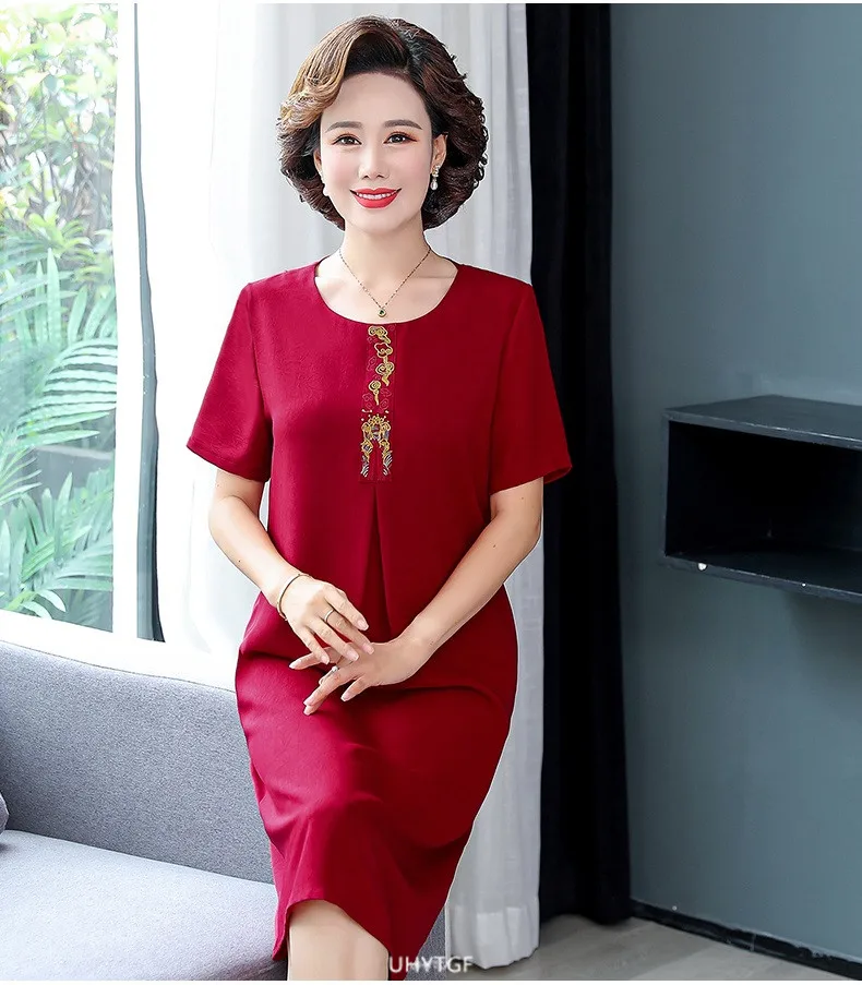 UHYTGF Short Sleeve 5XL Big Size Dresses Women Fashion Embroidered Summer Dress Elegant Mother Casual Thin Clothes Vestidos 1311