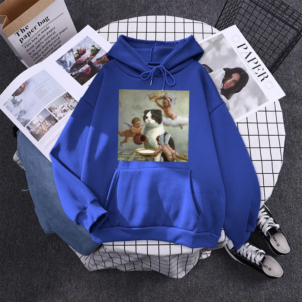 Hoodie Little Angel And Cat Printing Sweatshirt Woman With Hood Aesthetic Korean Couple Clothes Warm Harajuku Women'S Hoodies