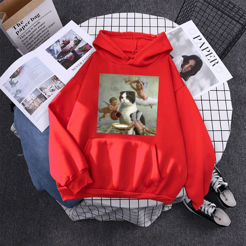 Hoodie Little Angel And Cat Printing Sweatshirt Woman With Hood Aesthetic Korean Couple Clothes Warm Harajuku Women'S Hoodies