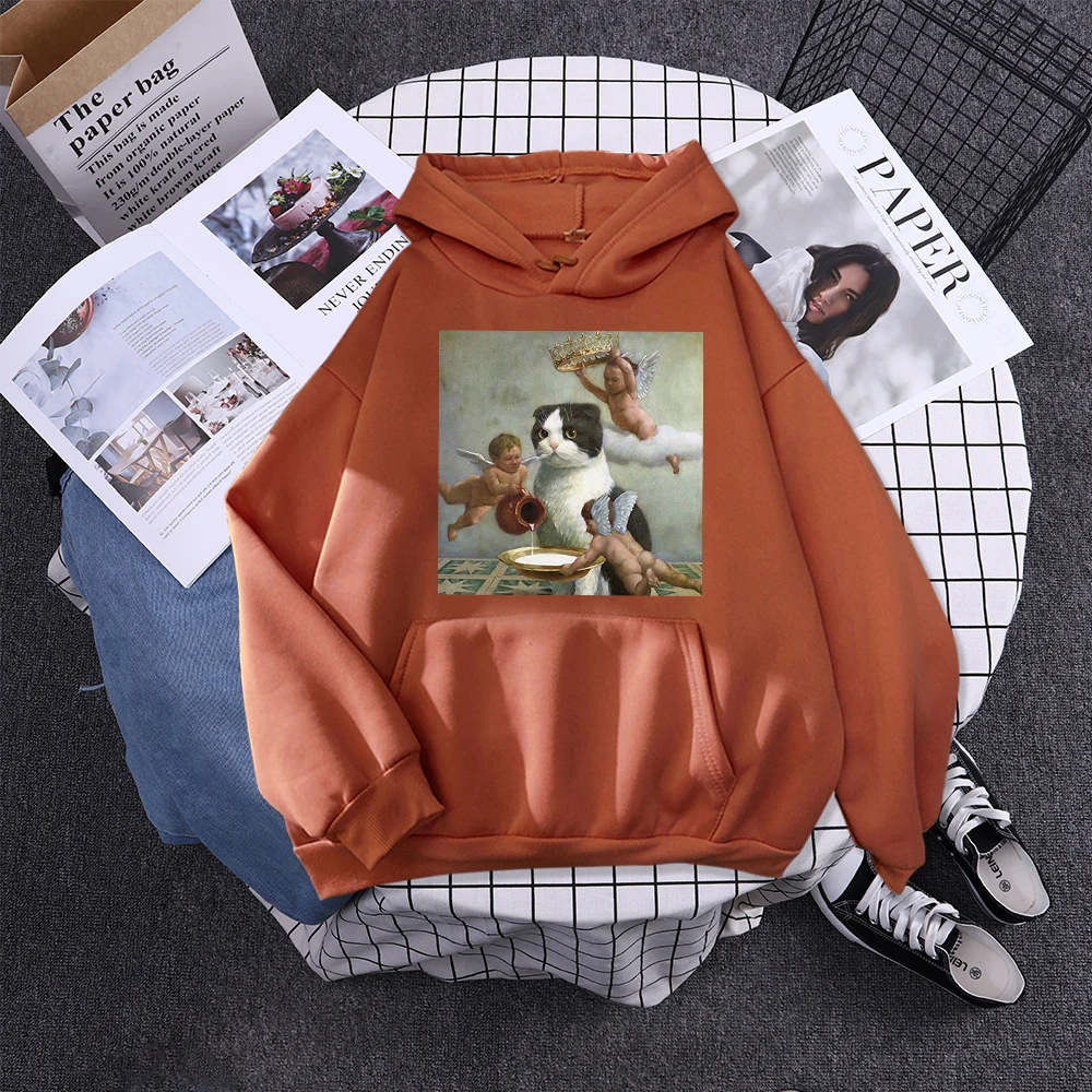Hoodie Little Angel And Cat Printing Sweatshirt Woman With Hood Aesthetic Korean Couple Clothes Warm Harajuku Women'S Hoodies