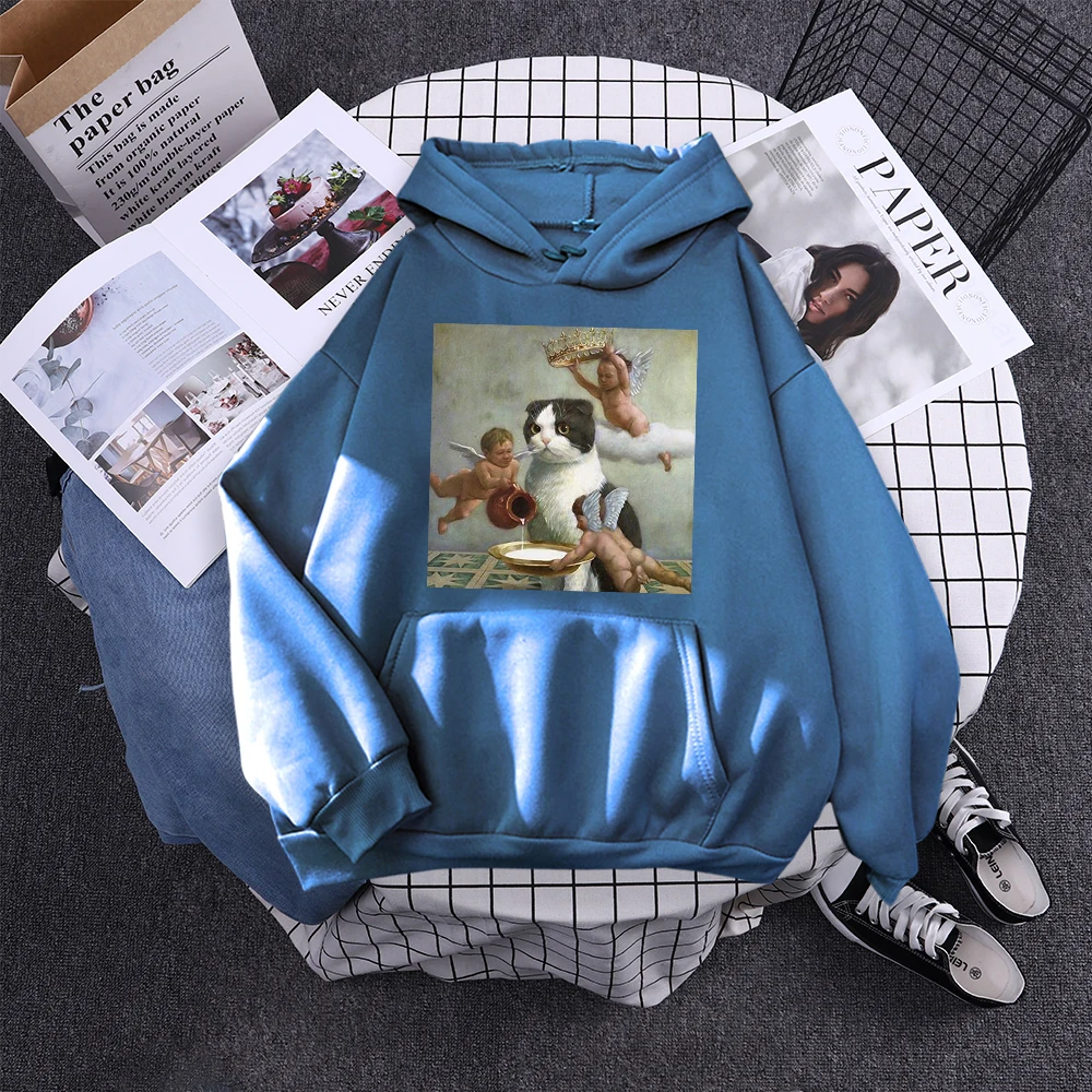 Hoodie Little Angel And Cat Printing Sweatshirt Woman With Hood Aesthetic Korean Couple Clothes Warm Harajuku Women'S Hoodies