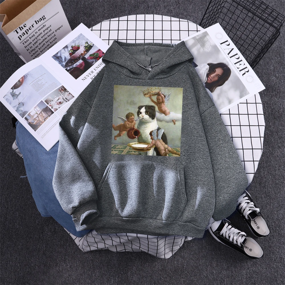 Hoodie Little Angel And Cat Printing Sweatshirt Woman With Hood Aesthetic Korean Couple Clothes Warm Harajuku Women'S Hoodies
